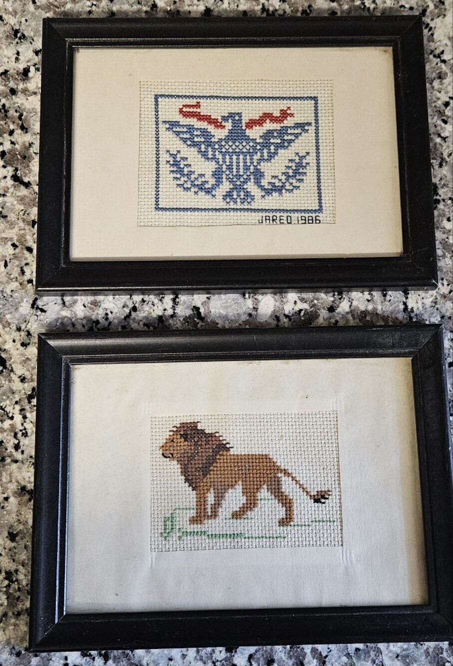 Set 2 Vintage Needlepoint Embroidered Cross Stitch Eagle & Lion Framed Pictures